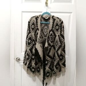 Cream and Black Geometric Knit Cardigan Sweater
